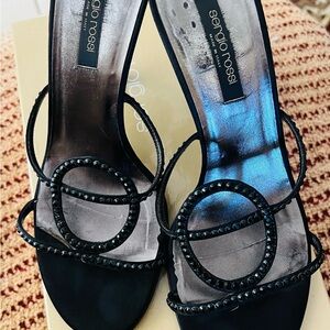 Sergio Rossi Black Jeweled Mules- Slip on leather sole - 4” heel- Size 8.5- Used